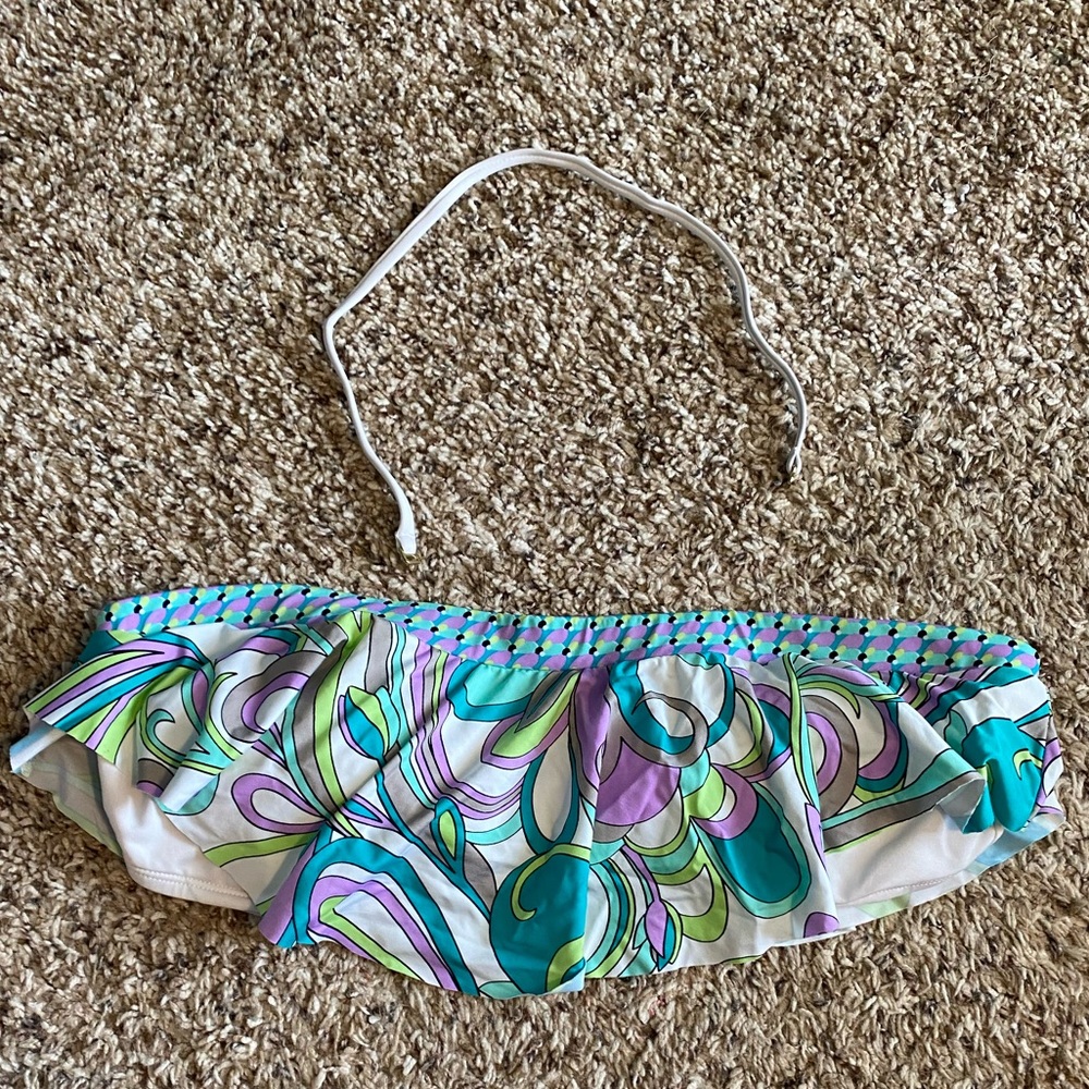 Teal and purple ruffle bikini top